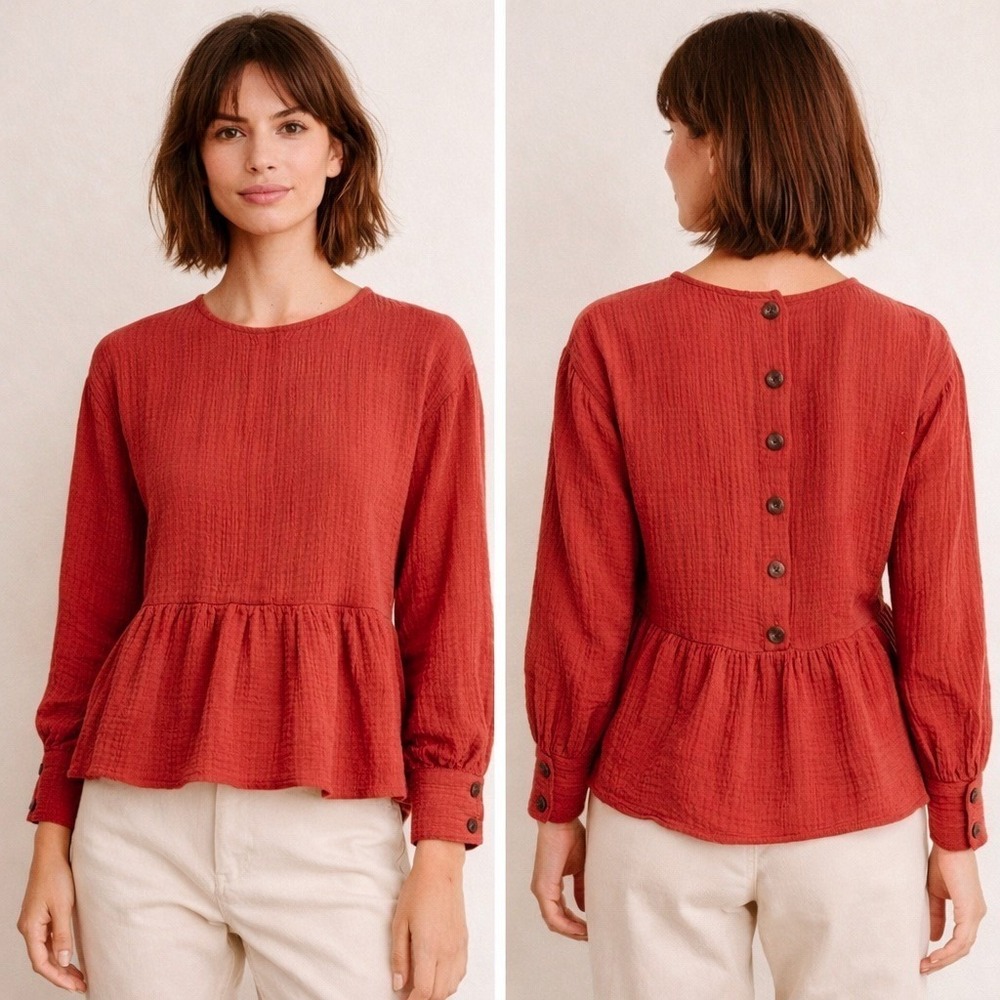 Madewell Top Red Lightspun Double Gauze‎ Cotton Supersoft Flowy Peplum Sz S